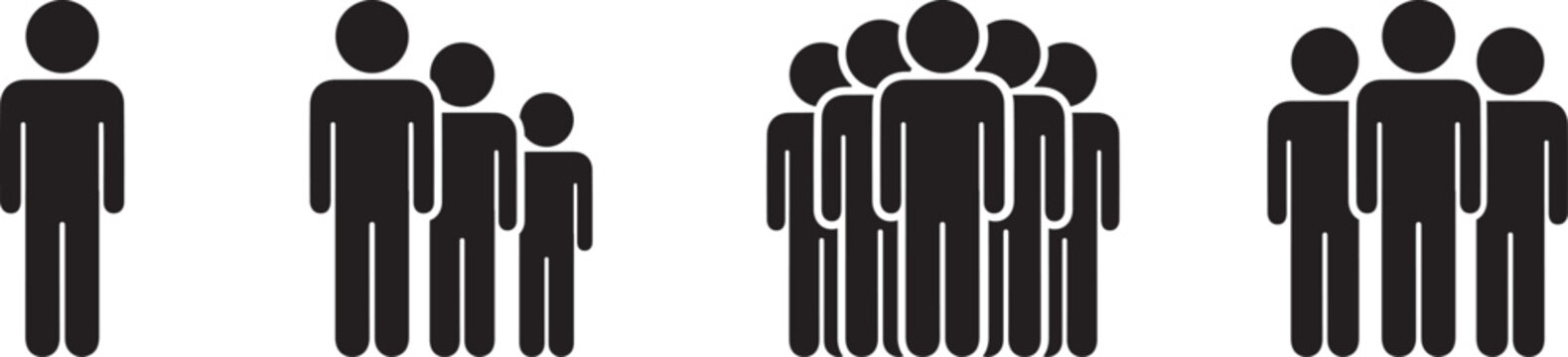 A visual representation of different group sizes and formations from a single person to a small cluster and a larger crowd illustrating concepts of community and social interaction