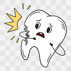 Hand-drawn sad cracked tooth illustration with cute cartoon face. Broken tooth character expressing pain and sadness, perfect for dental posters, educational materials, oral health, children’s dental 