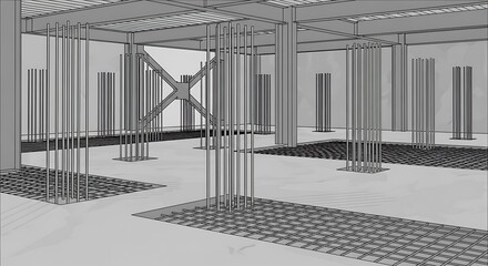 Construction site framework with steel infrastructure and rebar flooring