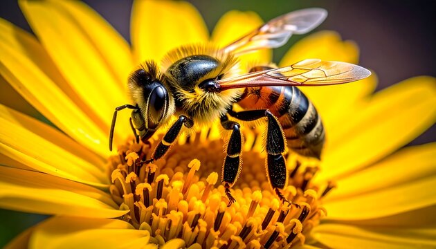 A bee collects pollen from a bright yellow flower, close-up