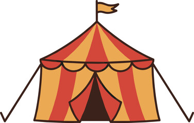 Cartoon circus tent illustration with red and orange stripes, festival carnival design, amusement event, isolated on white background, vector art