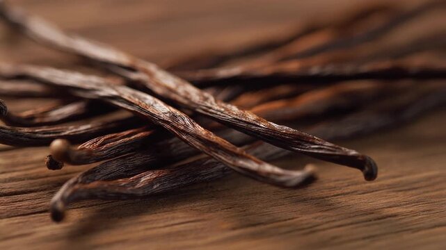 Close-up of dried vanilla beans on a rustic wooden surface, natural textures, rich brown tones, warm ambient light, organic food style