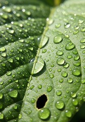 Dewdrop adorned verdant leaf glistening in the early morning sunlight