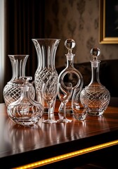 Elegant crystal glassware ensemble on a polished wooden surface tabletop