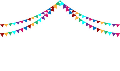 Colorful festive bunting flags decoration on transparent background – vibrant triangular pennant garlands for party, celebration, carnival, or festival banner design