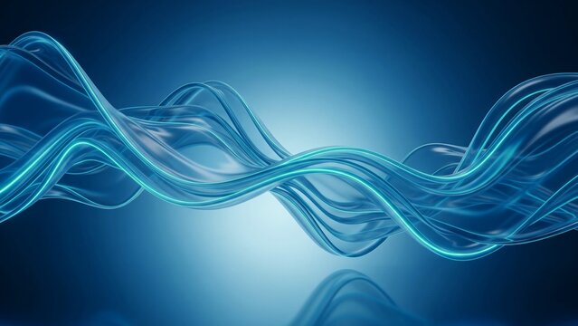 Symmetrical 3D render of a liquid-like, translucent blue wave form stretching horizontally, highlighted by a central cyan glow and reflection.