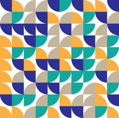 Vibrant seamless geometric pattern crafted from an intricate mosaic of colorful quarter-circle shapes, evoking a modern retro aesthetic for diverse design projects