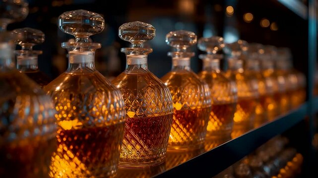 Row of elegant crystal decanters filled with amber liquor displayed on a polished shelf under warm ambient lighting in a refined luxurious setting