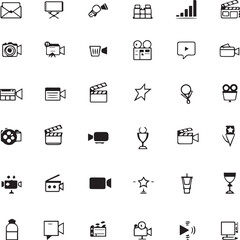 Film and media icon grid — black and white illustration of 36 entertainment symbols including camera, reel, mic, chart, and trophy