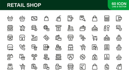 Retail Shop Stroke Icon Set. Detailed, professional icons for inventory control, store management, and sales analysis.
