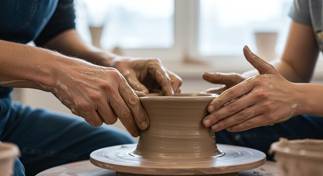 Hands expertly shaping wet clay on a pottery wheel, engaged in the creative ceramic process. Concept of craftsmanship.