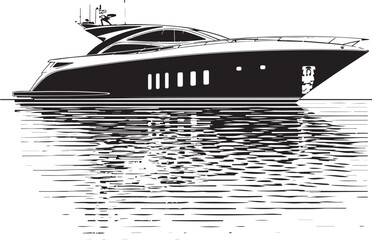 Luxury Yacht Black and White Illustration,
Modern Motorboat Vector on Water,
Elegant Yacht Silhouette Reflection Design