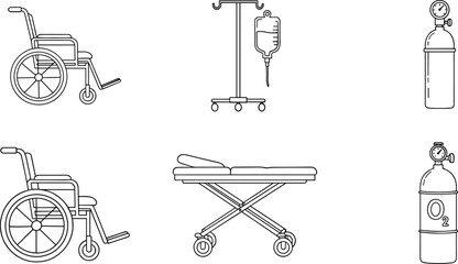 Medical equipment icons, wheelchair, IV stand, stretcher, oxygen tank, hospital tools, patient care devices, vector set, healthcare graphic