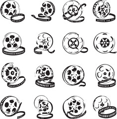 Film reel and strip silhouette grid — black and white illustration of sixteen cinematic icons in varied styles and orientations