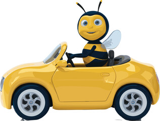 Cute bee driving yellow car, cartoon insect character in vehicle, fun 3D animation concept, cheerful honeybee transportation illustration