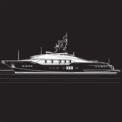Luxury Yacht Black and White Illustration,
Modern Motorboat Vector on Water,
Elegant Yacht Silhouette Reflection Design