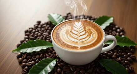 Aromatic Steaming Coffee Cup Amidst Freshly Roasted Beans and Green Leaves