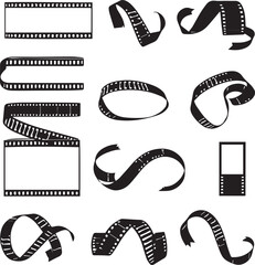 Film strip silhouette set — black and white illustration of twelve stylized movie frames in curved, looped, and dynamic forms