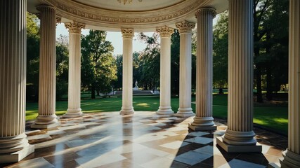 Enjoy a serene view of a classic pavilion surrounded by lush greenery and trees as soft golden light creates stunning visuals