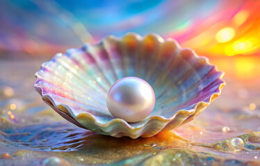 Pearl in a seashell on a sandy beach