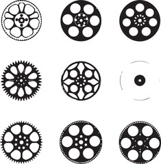 Gear and sprocket silhouette grid — black and white illustration of nine mechanical wheel designs with varied teeth and holes