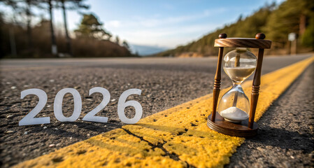 The year 2026 stands prominently on a wet asphalt road at golden hour with a  hourglass reflecting reflection