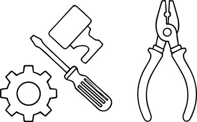 Mechanical tool icons, gear, screwdriver, paint roller, pliers, DIY equipment, construction tools, vector set, black white illustration