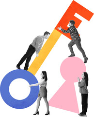 Trendy collage. Team of professionals moving colorful key and keyhole shapes symbolizing access and opportunity on transparent background. Concept of business potential, teamwork, and goal achievement