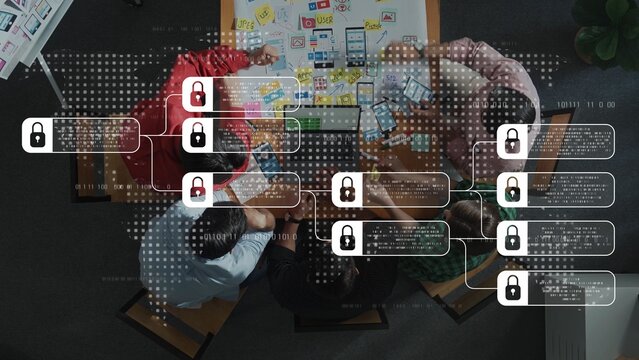 Diverse team gathers in a modern office to brainstorm ideas while an abstract digital security overlay emphasizes the importance of data privacy and teamwork concepts. Raster