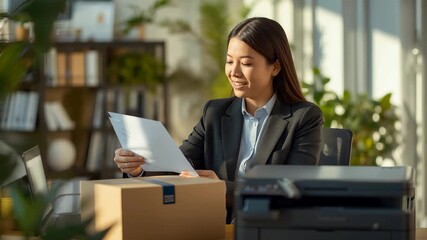 Smiling businesswoman reviewing documents at her desk with a package, printer, and bright natural sunlight filling the modern office workspace around her - Powered by Adobe