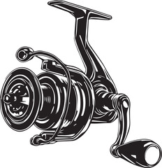 Spinning fishing reel silhouette — black and white illustration of detailed sport reel with spool, bail arm, and handle