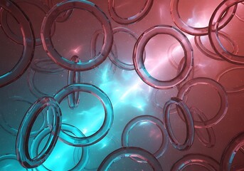 Floating transparent rings with cyan and pink glow nebula backdrop