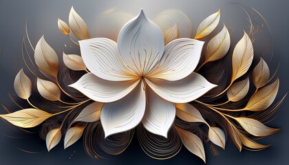 elegant digital artwork with a large white flower and golden leaves on a dark grey gradient background asymmetrical design with intricate details generative ai