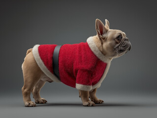 a photorealistic french bulldog in complete Santa costume, standing on all fours, side profile view, cute wrinkled face, isolated gray background, soft studio lighting, commercial photography style