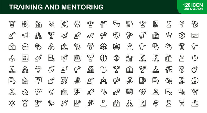 Mentoring and Training Modern Icon Set. Innovative, precise icons for mentoring sessions, professional coaching, and learning program dashboards.
