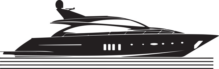 Luxury Yacht Black and White Illustration,
Modern Motorboat Vector on Water,
Elegant Yacht Silhouette Reflection Design