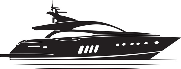 Luxury Yacht Black and White Illustration,
Modern Motorboat Vector on Water,
Elegant Yacht Silhouette Reflection Design