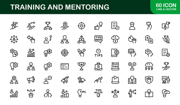 Mentoring and Training Line Icon Set. Modern, professional icons illustrating coaching sessions, skill development, and educational workflow tools.
 - Powered by Adobe