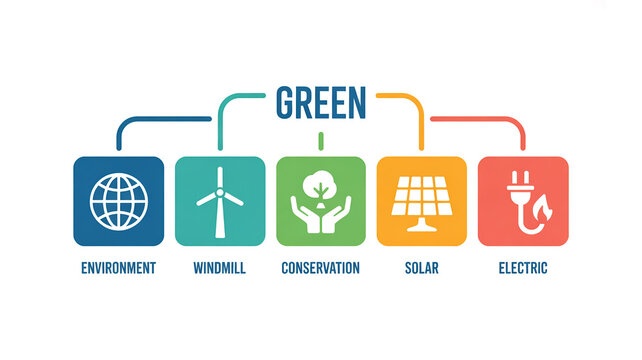 A minimalist infographic design with five connected square icons in a horizontal layout .