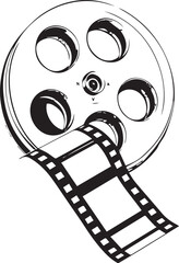 Film reel with unwinding strip — black and white illustration of analog movie reel and motion picture film with sprocket holes