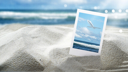 Picture of an airplane flying over the beach on the sandy beach with an ocean view and a blue sky background. Concept of travel
