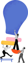 Colorful art of business people supporting large light bulb on transparent background. Concept of...