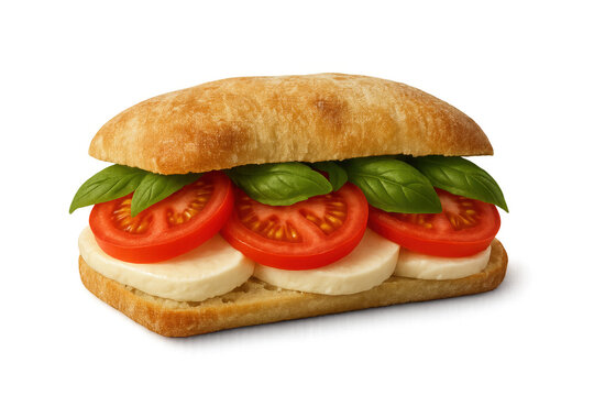 Caprese sandwich with fresh mozzarella cheese, sliced tomatoes, and basil leaves on ciabatta bread, transparent background