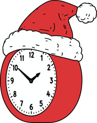 Festive Holiday Time Clock Topped with a Santa Hat Illustration