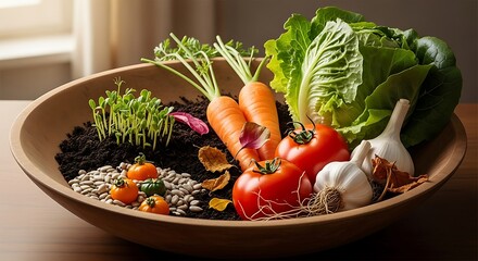 Freshly Harvested Vegetables Arranged in Rustic Wooden Bowl Display