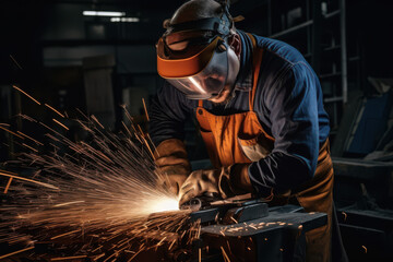 Skilled craftsman intensely focused on grinding metal, creating a dazzling shower of sparks in a powerful workshop scene