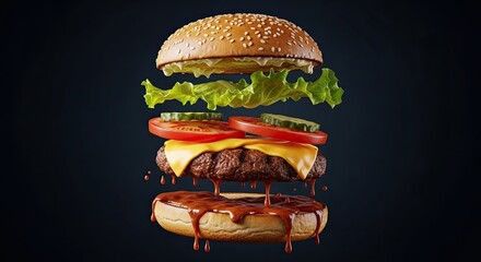 Delicious Beef Burger with Fresh Ingredients Floating Mid Air