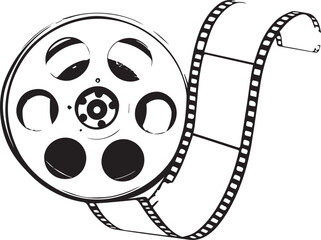 Film reel with unwinding strip — black and white illustration of cinematic reel and flowing filmstrip symbolizing motion and media