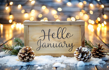 Hello January text on a wooden sign with lights and snow on background