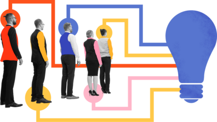 Bright collage of business team walking toward light bulb through abstract network on transparent background. Concept of innovation, direction, teamwork, and creative solution flow.